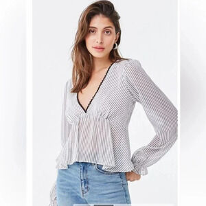 Forever 21‎ Metallic Sheer White Black Striped Long Sleeve Blouse NWT